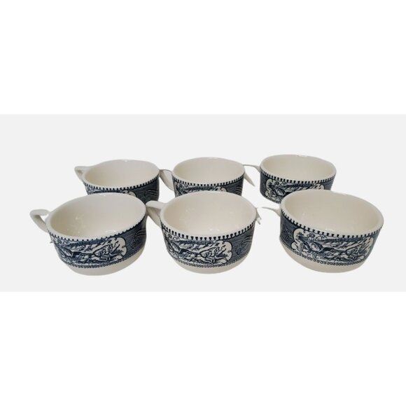 Vintage Royal USA Currier & Ives "Star of the Road" Blue Transferware Tea Cups - Picture 1 of 3